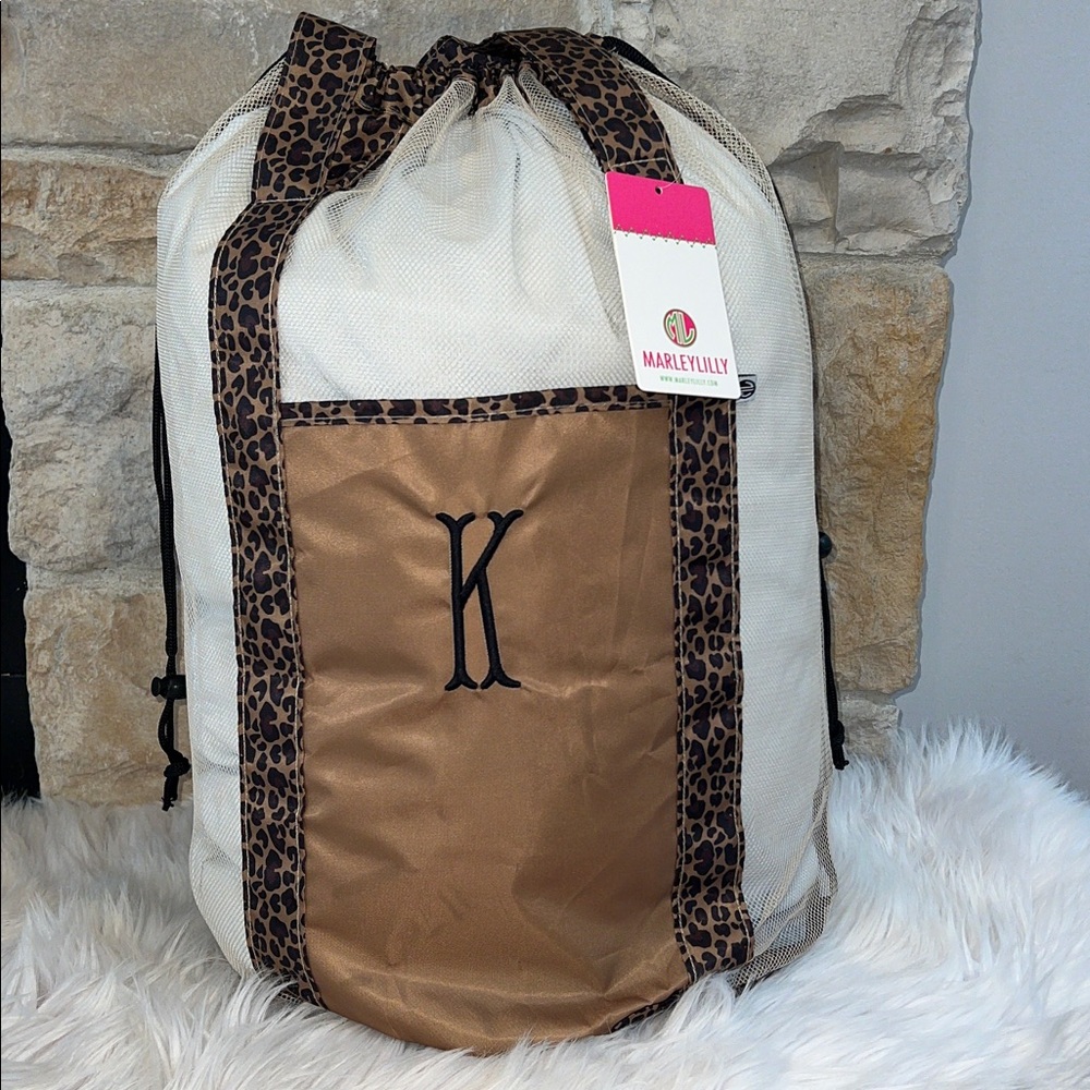 NWT Marley Lilly "K" Personalized Leopard Print Mesh Laundry Bag